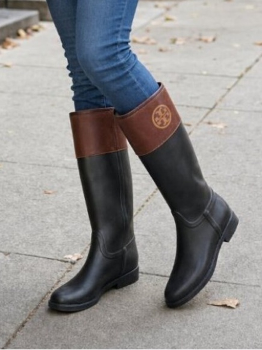 Tory Burch Black and Brown Tall Rain Boots